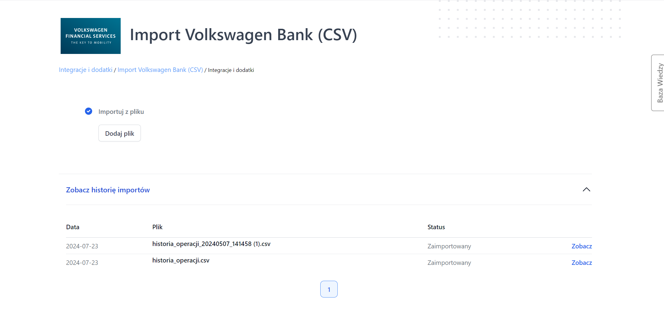Widok panelu importu danych bankowych z Volkswagen Bank (CSV) z opcją dodania pliku i przeglądania historii importów.