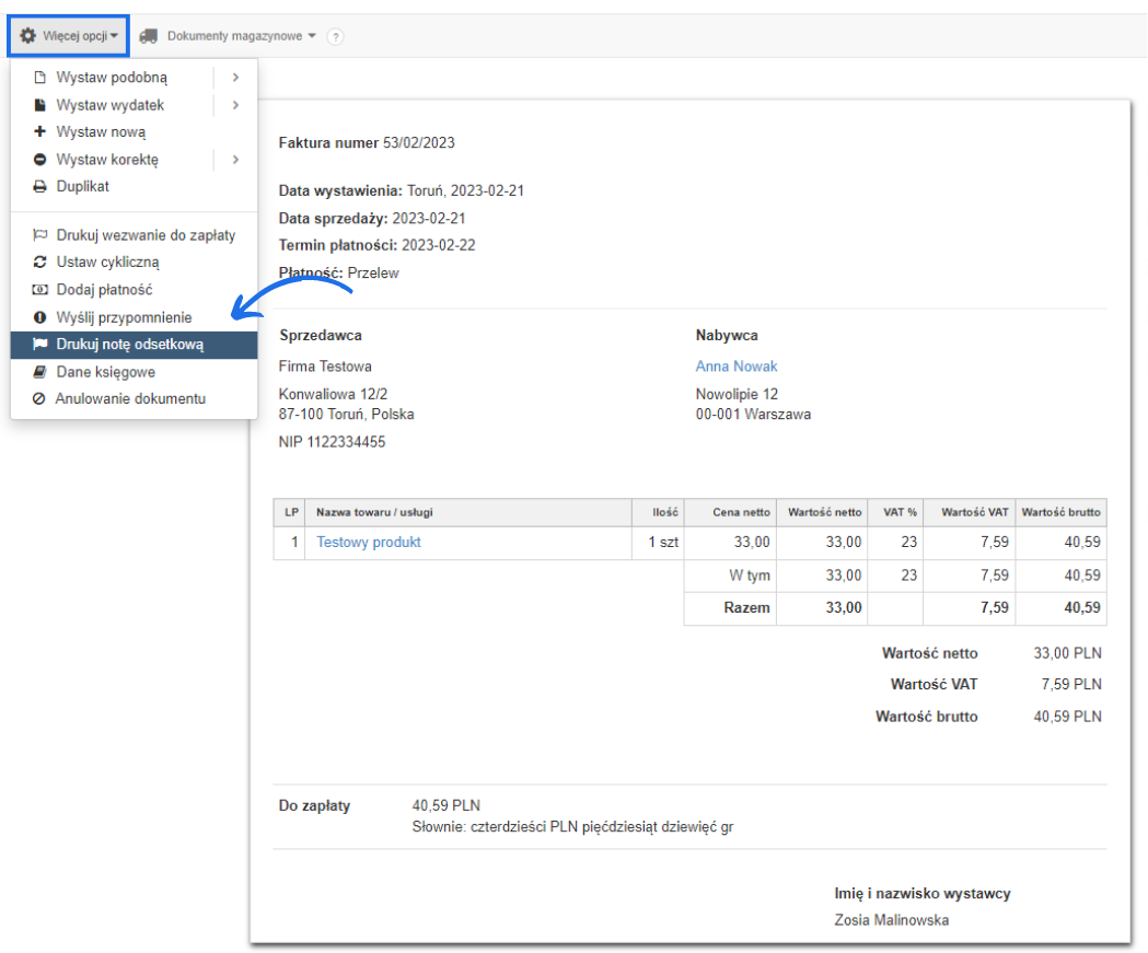 Menu „Więcej opcji” z zaznaczoną funkcją „Drukuj notę odsetkową” na podglądzie faktury dla klienta Anna Nowak.