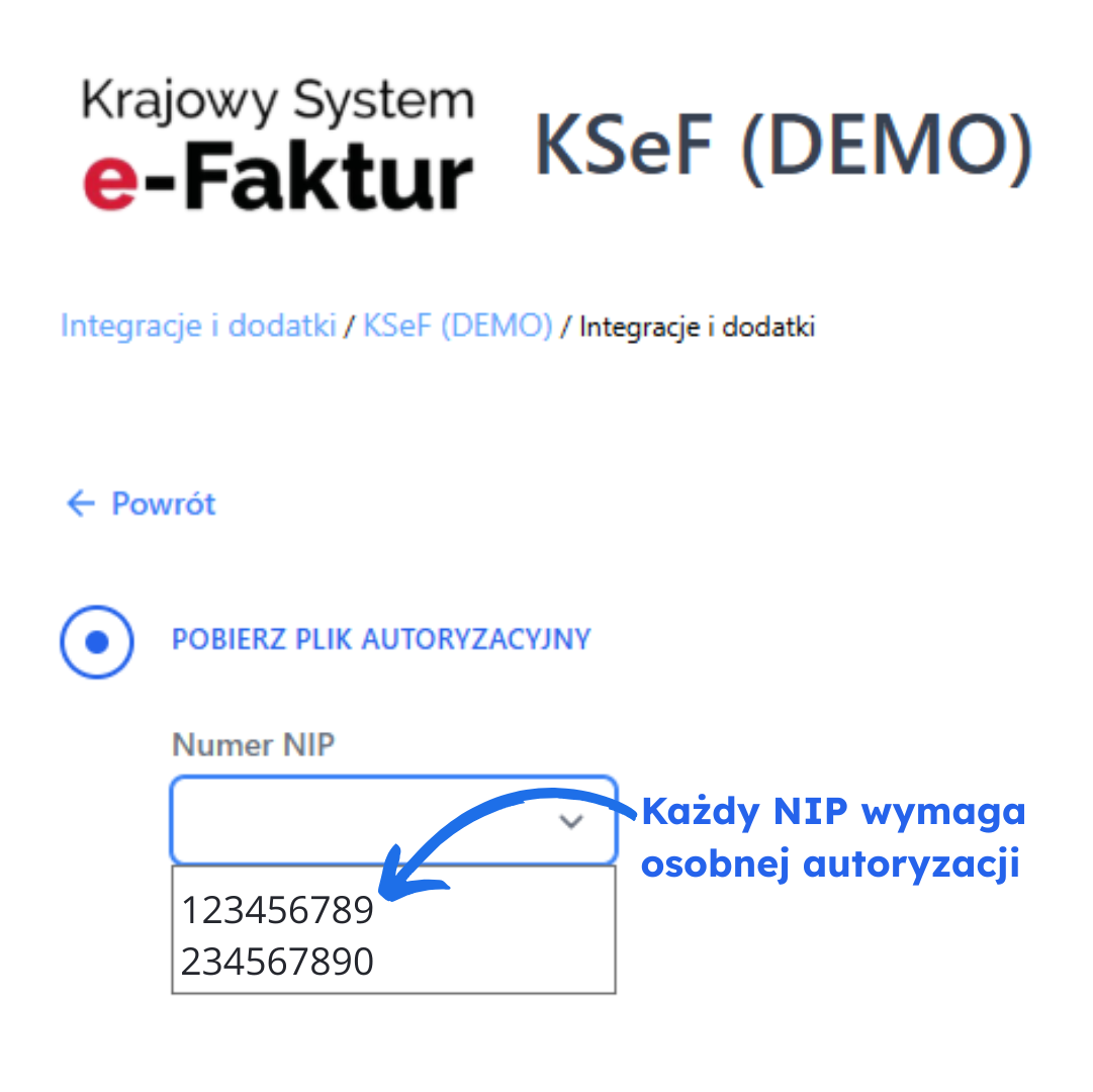 Widok sekcji pobierania pliku autoryzacyjnego w integracji KSeF (DEMO) w Fakturowni z informacją, że każdy NIP wymaga osobnej autoryzacji.