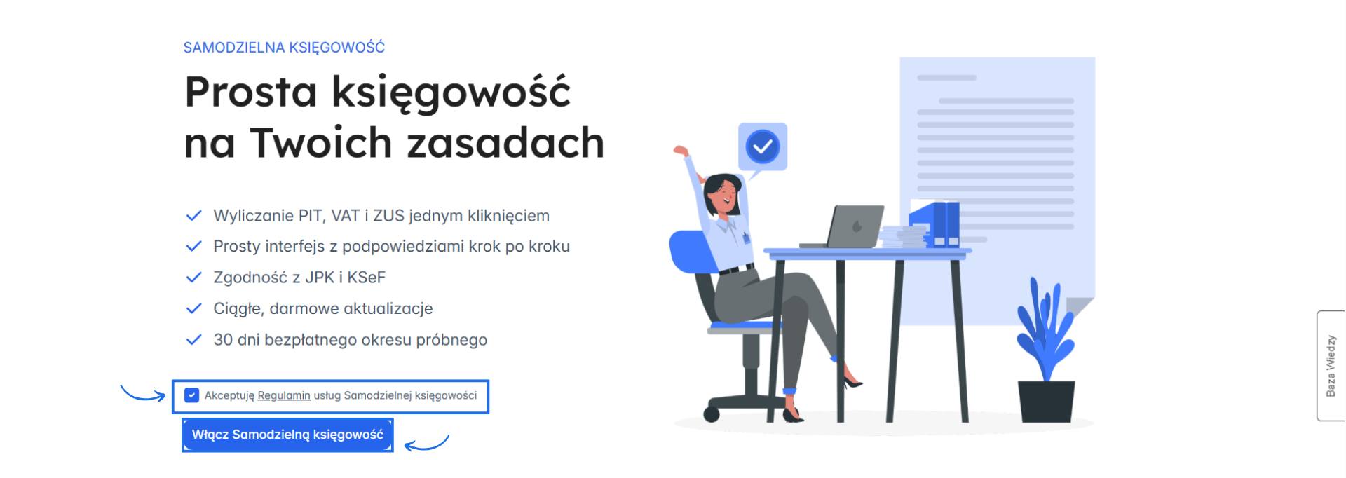 Widok aktywacji modułu samodzielna księgowość z akceptacją regulaminu i przyciskiem do włączenia modułu.
