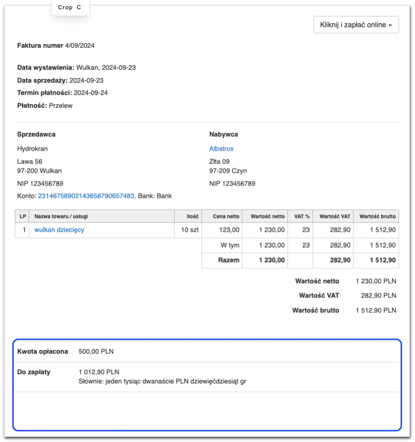 Podgląd faktury VAT z wyszczególnionym obszarem kwoty opłaconej, do zapłaty, danymi produktu i jego pełnej wartości brutto, netto i VAT.