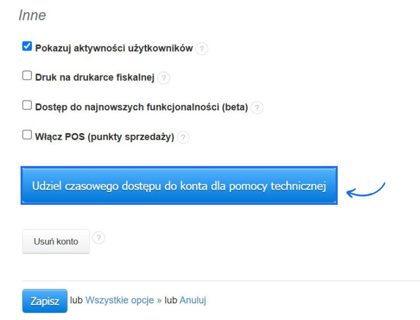 Przycisk w ustawieniach konta systemu do fakturowania pozwalający na udzielenie dostępu do konta dla pomocy technicznej.