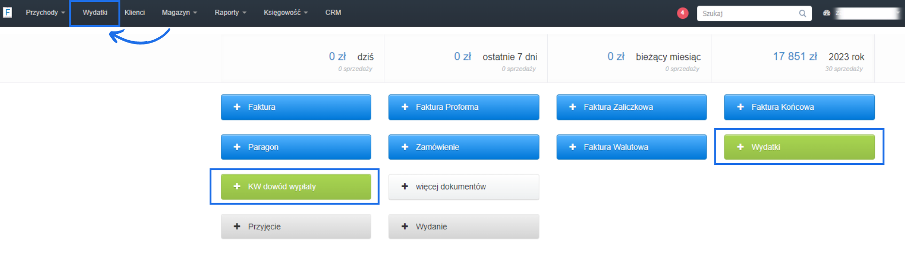 Interfejs główny systemu zarządzania fakturami z opcjami tworzenia faktur, paragonów i wydatków.