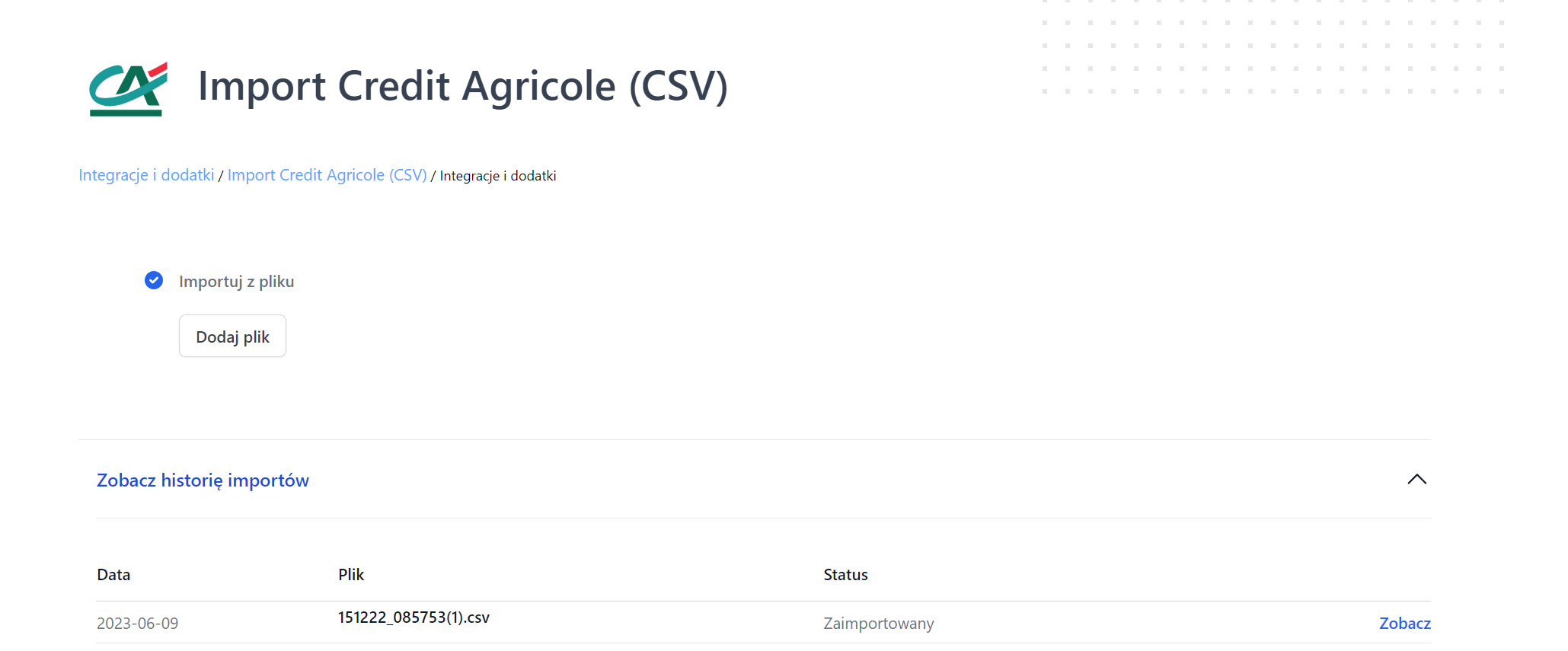 Import płatności z Credit Agricole na podstawie pliku CSV z historią importów.