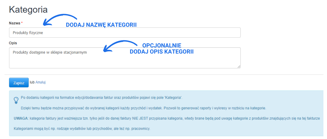Formularz dodawania nowej kategorii w Fakturowni, z polami do wpisania nazwy i opisu kategorii oraz przyciskiem 'Zapisz'.