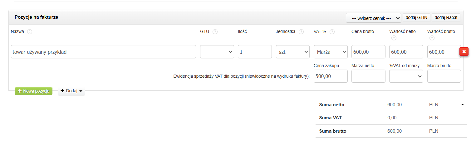 Wiersz techniczny w sekcji pozycje formularza tworzenia faktury VAT marża z podaną ceną zakupu.