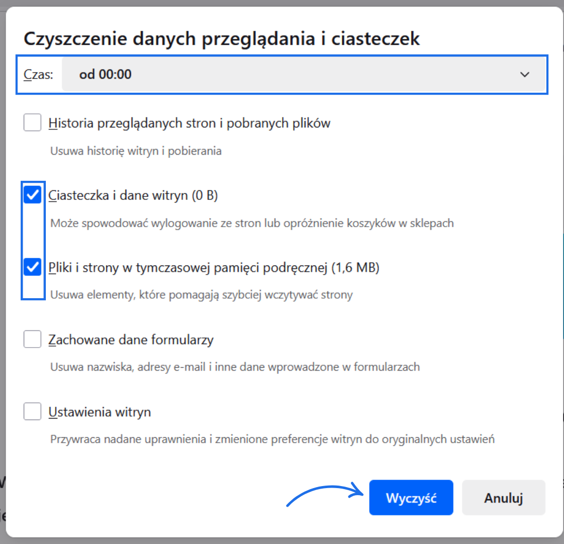 Okno czyszczenia danych przeglądania w Firefox – zaznaczone usuwanie ciasteczek i pamięci podręcznej dla lepszej wydajności