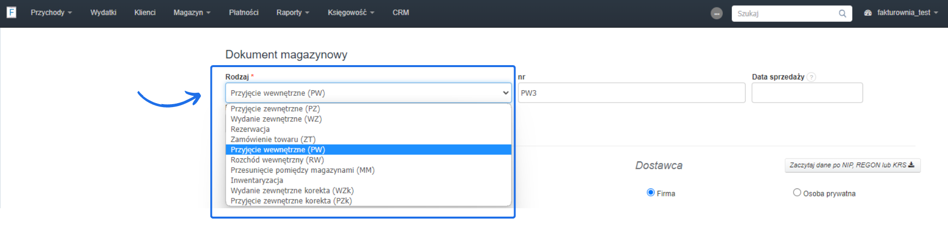 Formularz dodawania dokumentu magazynowego z rozwiniętą listą wyboru 'Rodzaj', gdzie zaznaczono 'Przyjęcie wewnętrzne (PW)'. Opcje dostawcy po prawej stronie.