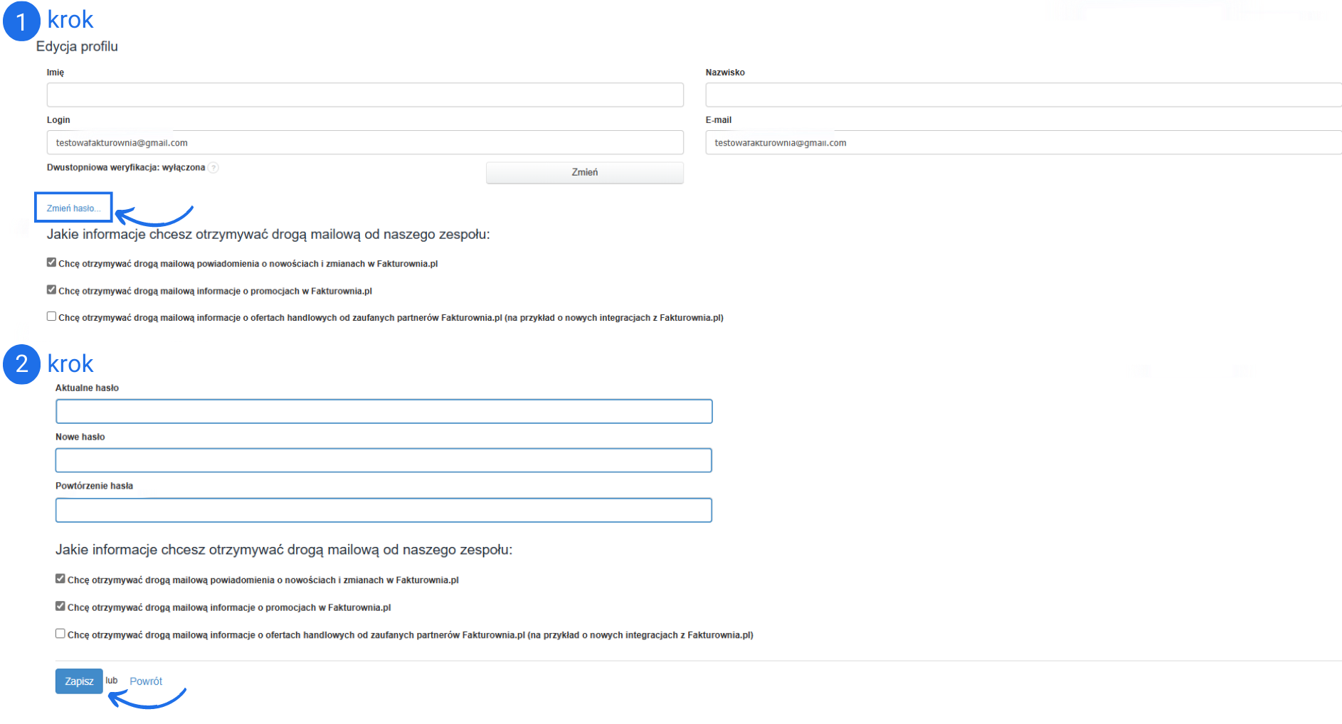 Instrukcja zmiany hasła w panelu użytkownika. Krok 1: Kliknij 'Zmień hasło' na stronie edycji profilu. Krok 2: Wprowadź aktualne i nowe hasło, a następnie kliknij 'Zapisz'.