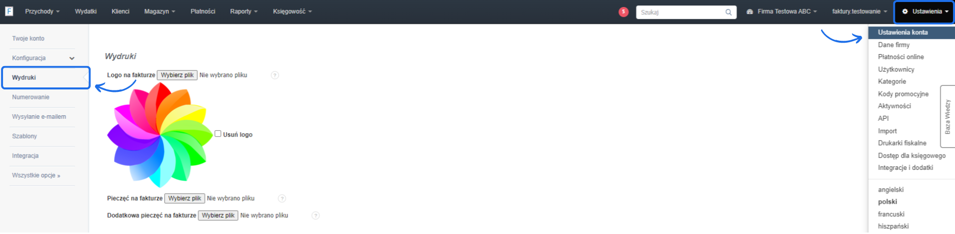 Panel ustawień wydruku w aplikacji Fakturownia, z możliwością dodania logo na fakturze oraz wyboru dodatkowej pieczęci, z menu nawigacyjnym po lewej stronie.