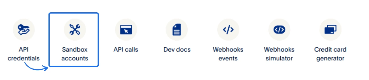 Panel PayPal Developer z zaznaczoną opcją 'Sandbox accounts', obok funkcji takich jak API credentials, Webhooks events i Credit card generator.
