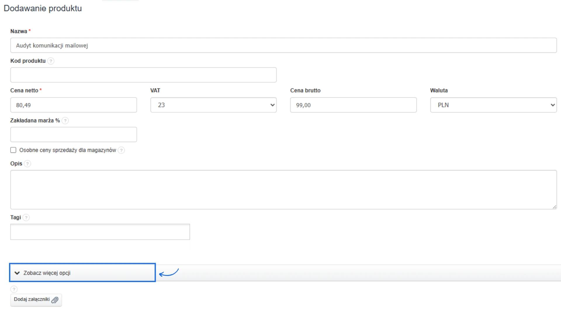 Formularz dodawania usługi „Audyt komunikacji mailowej” z widocznymi polami na opis, tagi oraz rozwijaną sekcją „Zobacz więcej opcji” do dodatkowych ustawień produktu.