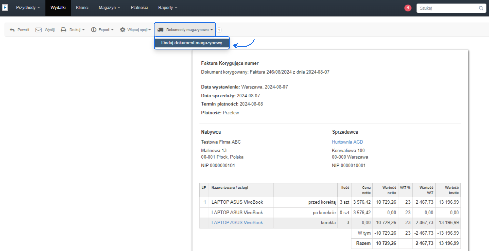 Ekran faktury korygującej numer 246/08/2024, z opcją dodania dokumentu magazynowego, pokazujący korektę stanu dla 3 szt. laptopów ASUS VivoBook.