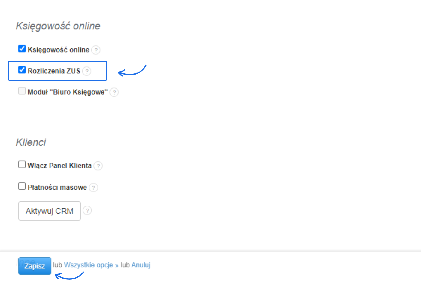 Ustawienia systemu do fakturowania online z widoczną sekcją księgowość online i aktywną opcją rozliczenia ZUS.