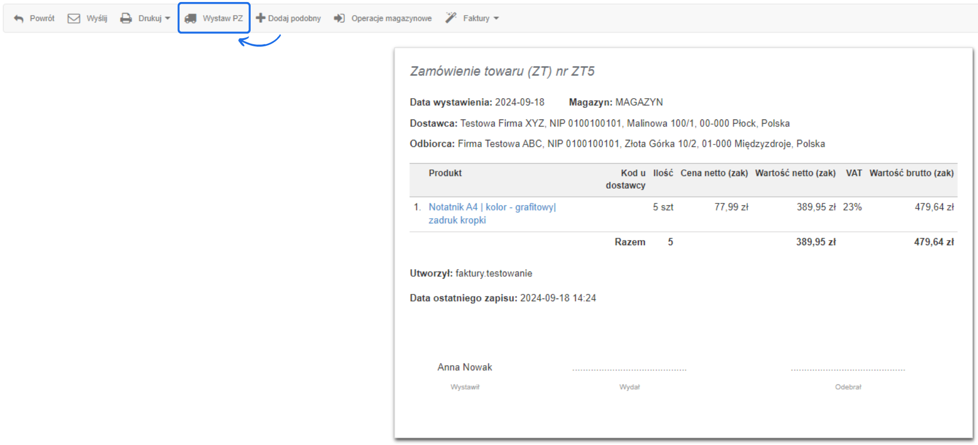 Zamówienie towaru ZT5, notatnik A4 grafitowy, 5 sztuk, cena netto 389,95 zł, wartość brutto 479,64 zł.