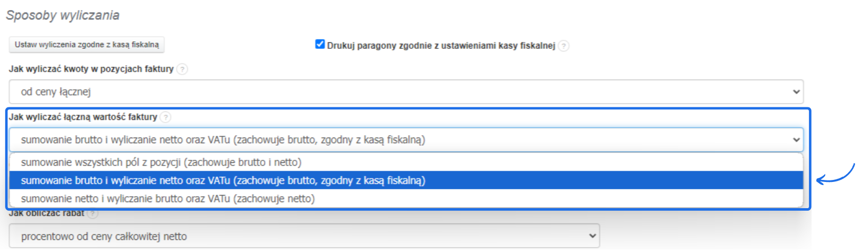 Opcje wyliczania faktur z zaznaczoną metodą sumowania brutto i wyliczania netto oraz VAT zgodnie z ustawieniami kasy fiskalnej.
