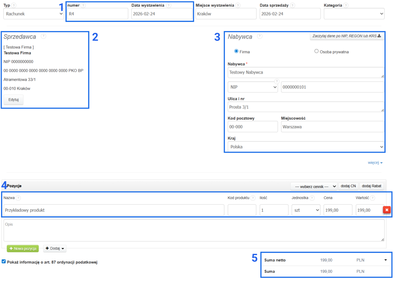 Formularz tworzenia rachunku w Fakturowni z zaznaczonymi wymaganymi elementami dokumentu.