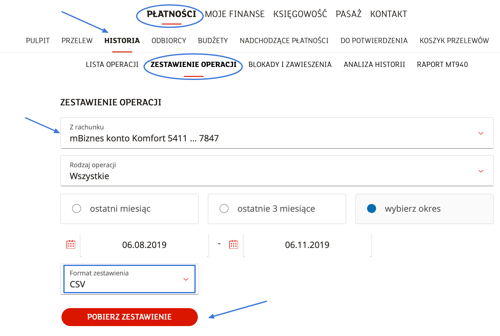 Panel mBank z zakładką Płatności i Zestawienie operacji, umożliwiający eksport historii transakcji z wybranego rachunku w formacie CSV.