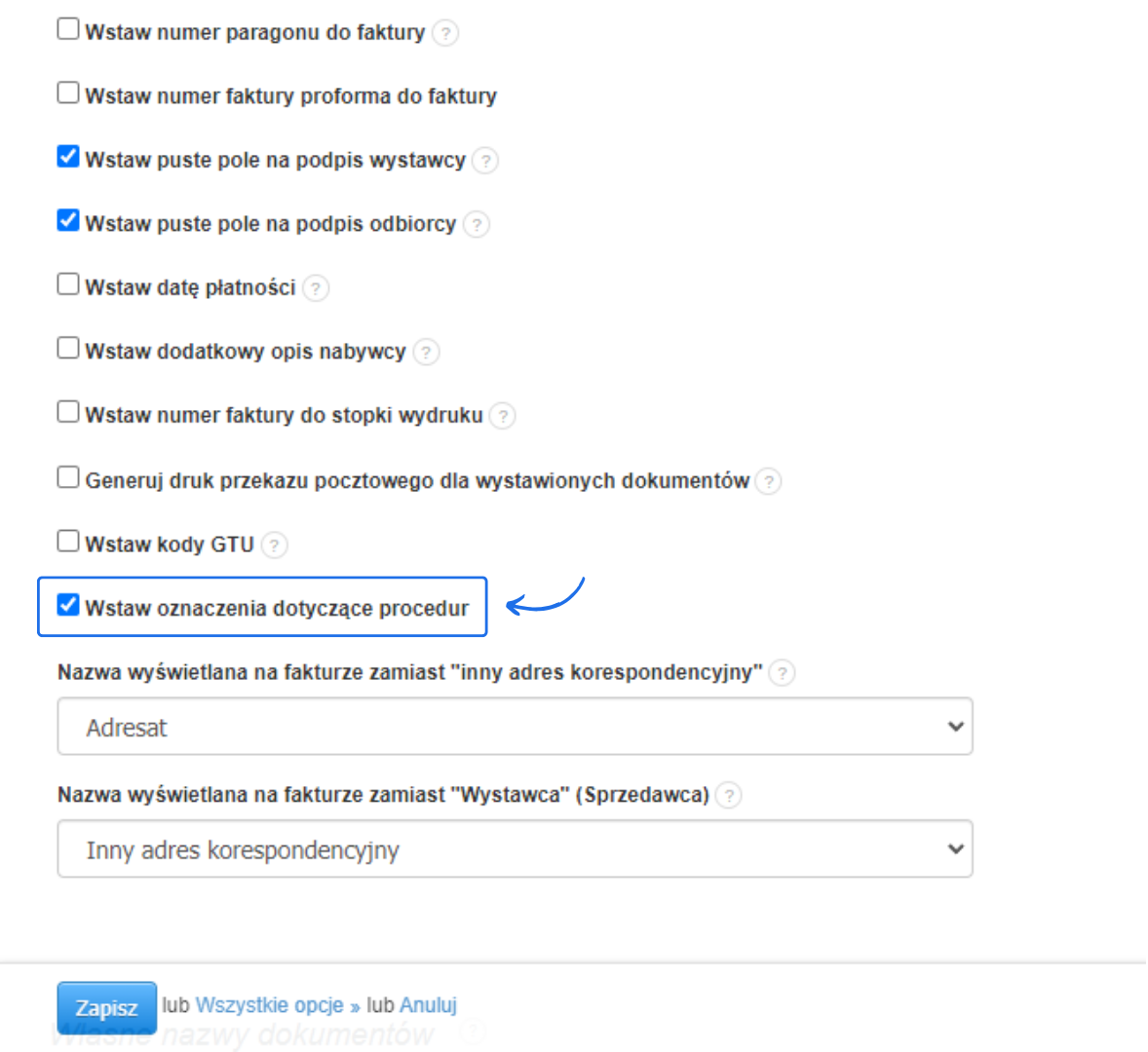 Ustawienia faktury z opcją wstawiania oznaczeń dotyczących procedur oraz podpisów wystawcy i odbiorcy.