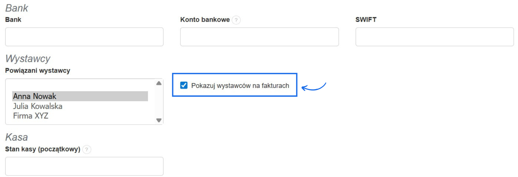 Opcja aktywująca pokazywanie wystawców wybranych w polu powiązani wystawcy na fakturach wystawianych dla tego działu.