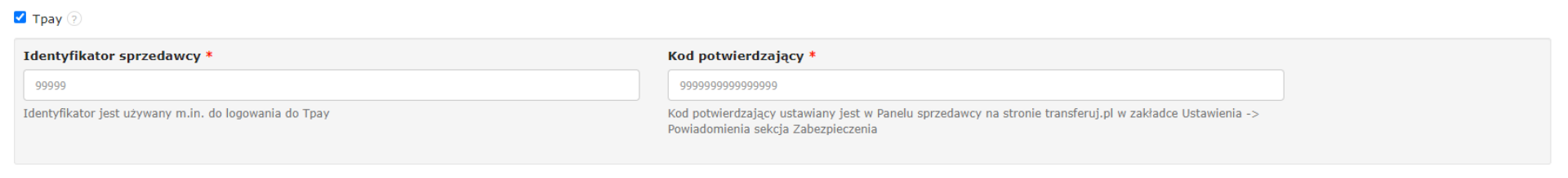 Widok konfiguracji Fakturowni z system płatności tPay - identyfikatory niezbędne do nawiązania połączenia między systemami.