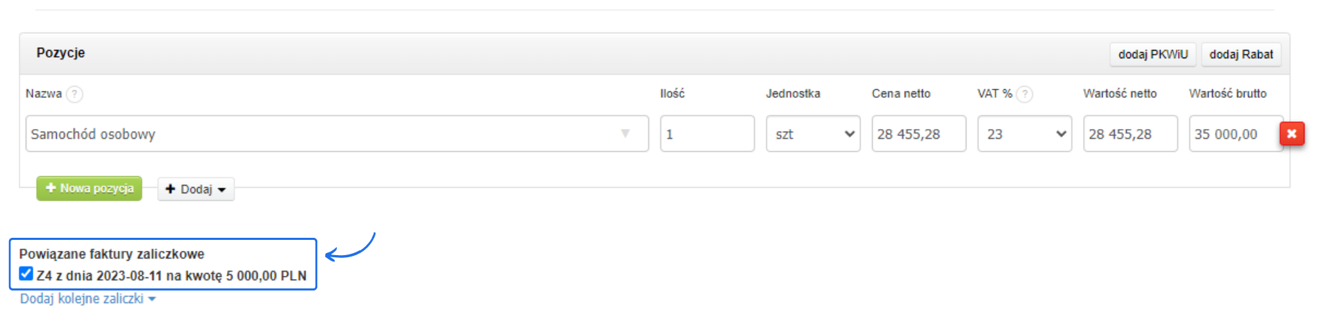 Ekran faktury z pozycją 'Samochód osobowy' oraz powiązaną fakturą zaliczkową na kwotę 5 000,00 PLN.