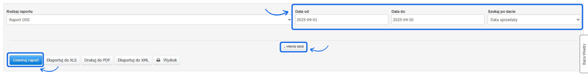 Formularz generowania raportu OSS w Fakturowni z ustawieniem zakresu dat, filtrem daty sprzedaży i opcją eksportu.