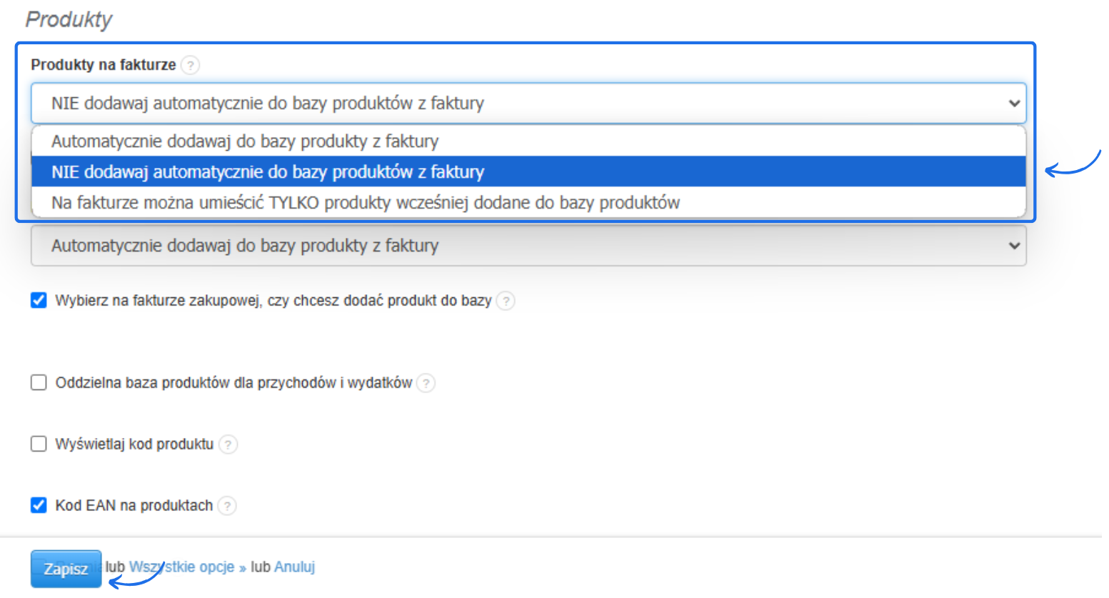 Ustawienia produktów na fakturze w systemie Fakturowni z opcją 'Nie dodawaj automatycznie do bazy produktów z faktury' oraz przyciskiem 'Zapisz'.