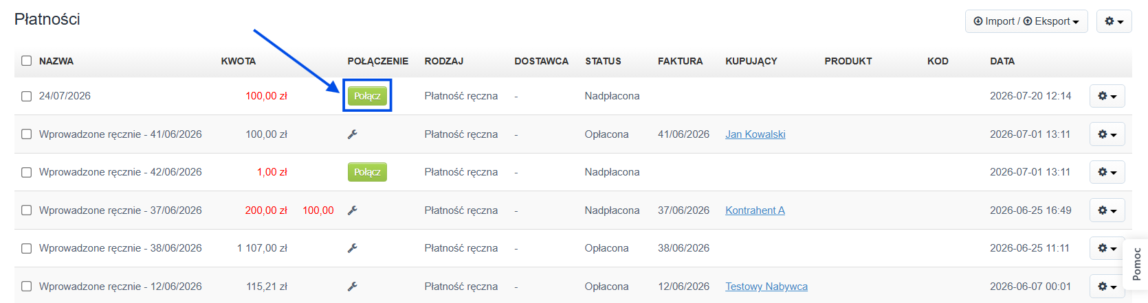 Lista płatności w systemie Fakturownia z przyciskiem 'Połącz' do ręcznego połączenia z dokumentem.
