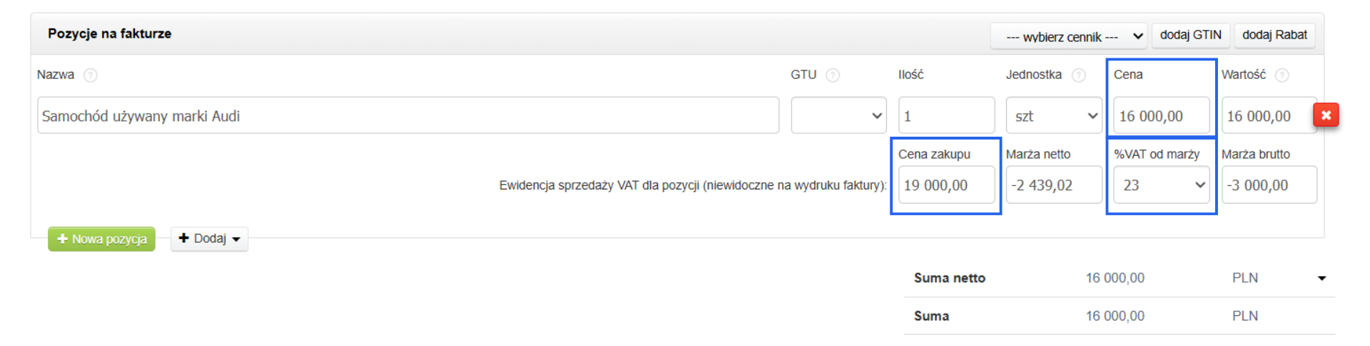 Formularz tworzenia faktury VAT marża z uzupełnionymi cenami sprzedaży, zakupu i marżą.