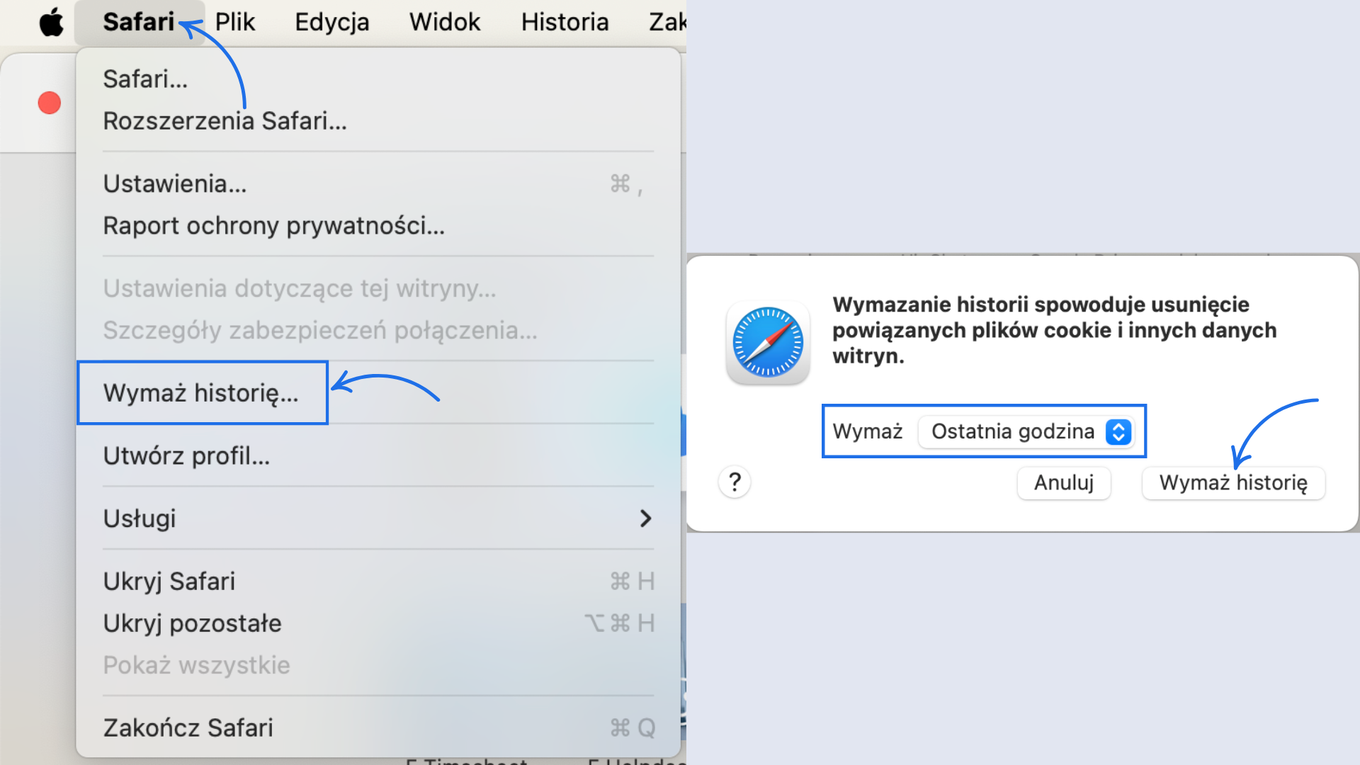 Menu Safari na Macu – opcja „Wymarz historię” z ustawieniem na ostatnią godzinę i przyciskiem potwierdzającym czyszczenie danych