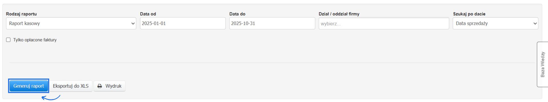 Formularz generowania raportu kasowego z przyciskiem do utworzenia raportu oraz możliwością eksportu i wydruku danych po wygenerowaniu raportu.