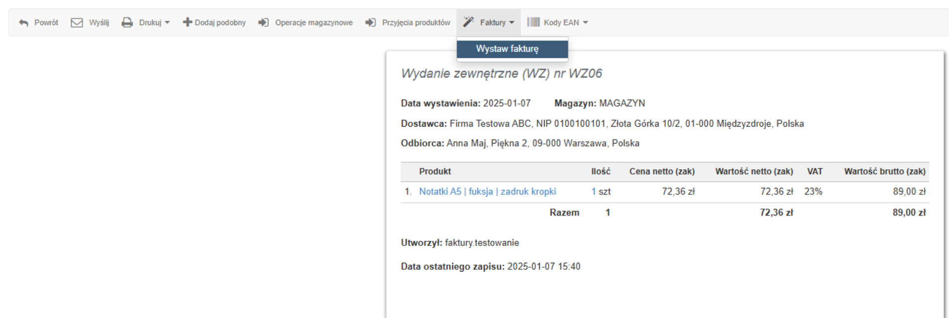 Dokument 'Wydanie zewnętrzne (WZ)' w Fakturowni z danymi dostawcy i odbiorcy, szczegółami produktu oraz opcją 'Wystaw fakturę'.