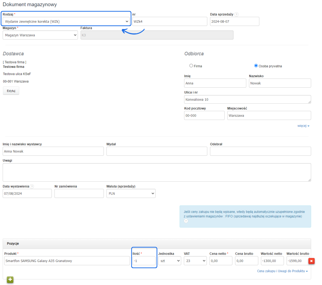 Formularz korekty stanów magazynowych dla dokumentu WZk4, wydanie zewnętrzne korekta, smartfon SAMSUNG Galaxy A35 Granatowy, ilość -1 szt, data sprzedaży 2024-08-07.