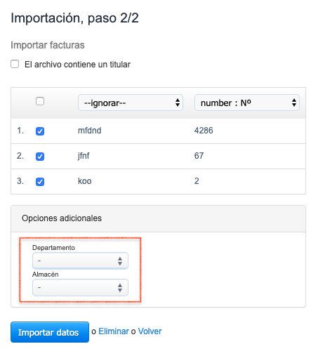 importación de facturas