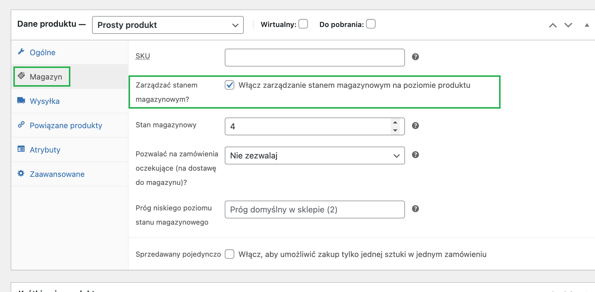 Zarządzanie stanem magazynowym produktu w WooCommerce z opcją włączenia zarządzania stanem, ustawieniem poziomu magazynowego i zamówień oczekujących.