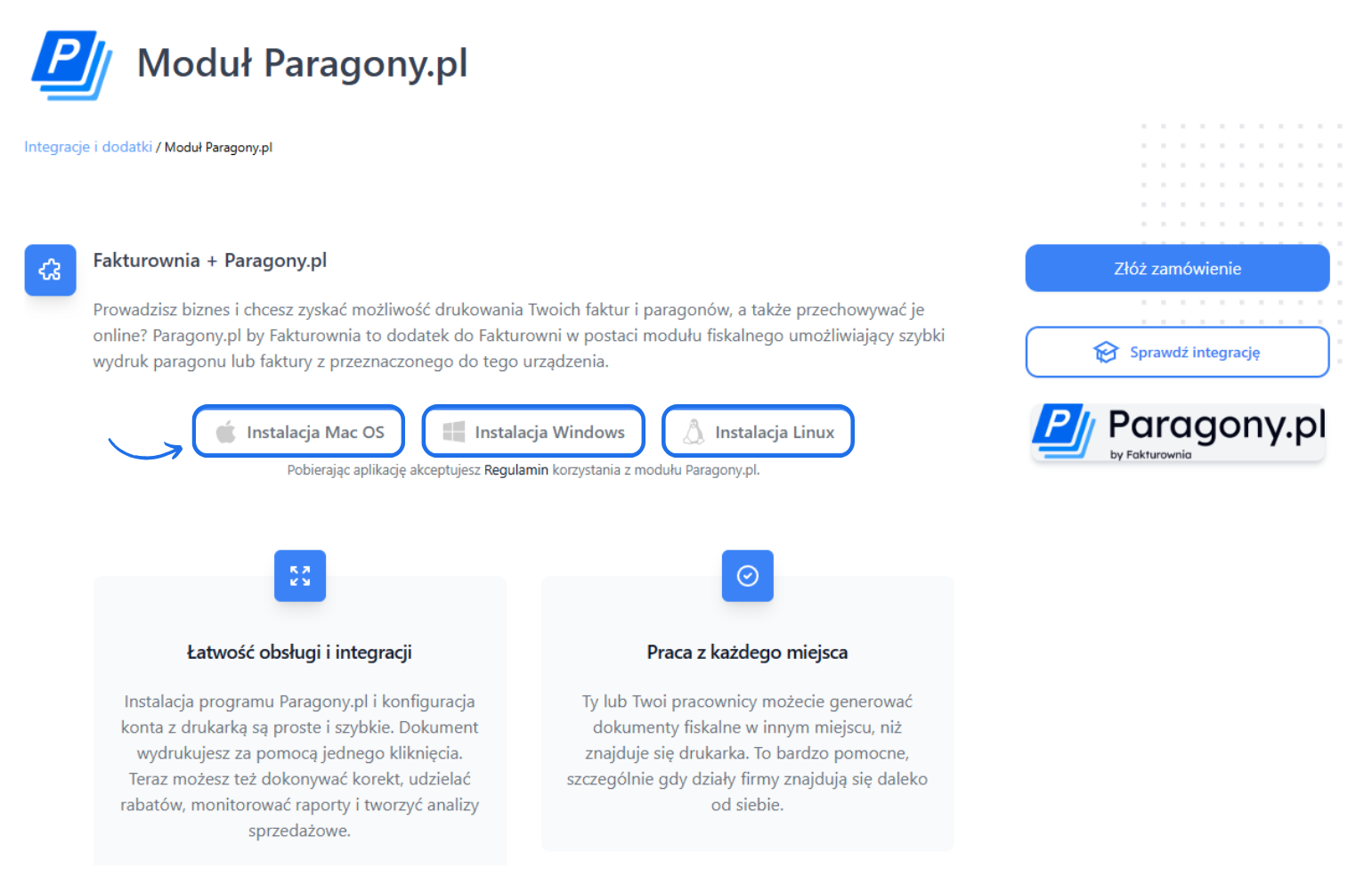 Interfejs modułu Paragony.pl do fiskalizacji w Fakturowni z przyciskami instalacji dla Mac OS, Windows i Linux; program do faktur online.