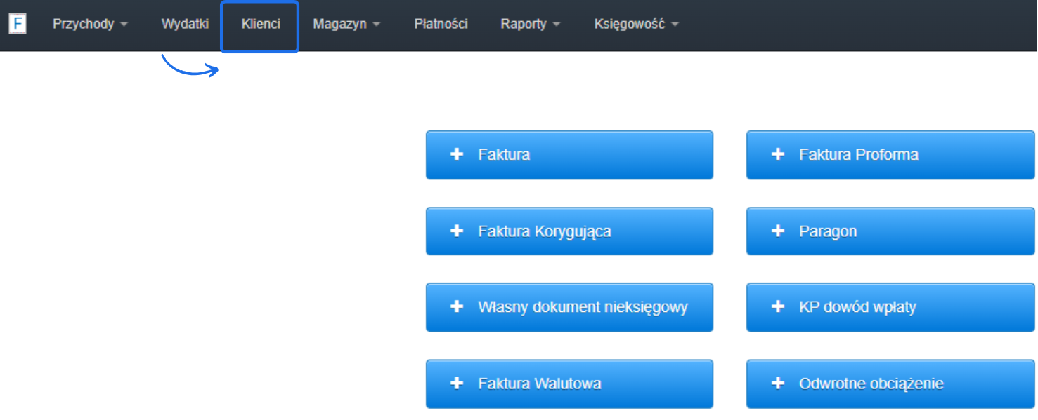 Menu główne systemu z zaznaczoną zakładką Klienci, umożliwiającą zarządzanie danymi klientów oraz dostęp do dokumentów sprzedażowych.