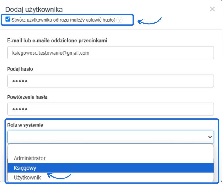 Formularz dodawania użytkownika z opcjami ustawienia hasła i wyboru roli w systemie, wybrana rola: Księgowy.