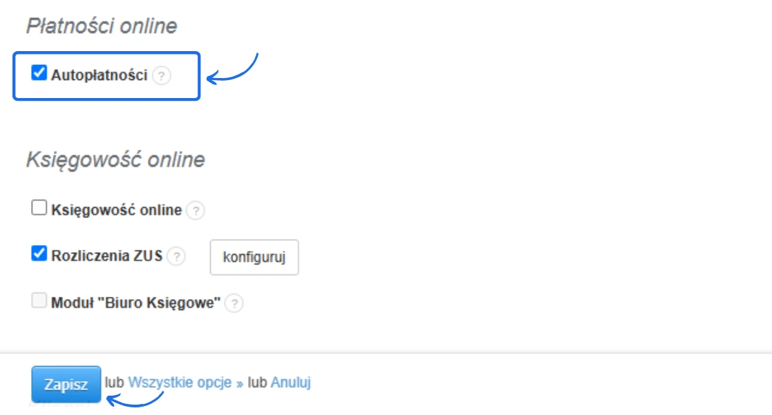 Konfiguracja płatności online z aktywowaną opcją autopłatności oraz ustawieniami rozliczeń ZUS w module księgowości online.