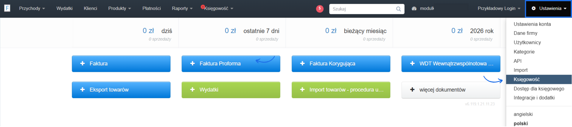 Ustawienia konta w systemie Fakturownia z aktywną opcją księgowość, która pozwala na konfigurację modułu samodzielna księgowość.