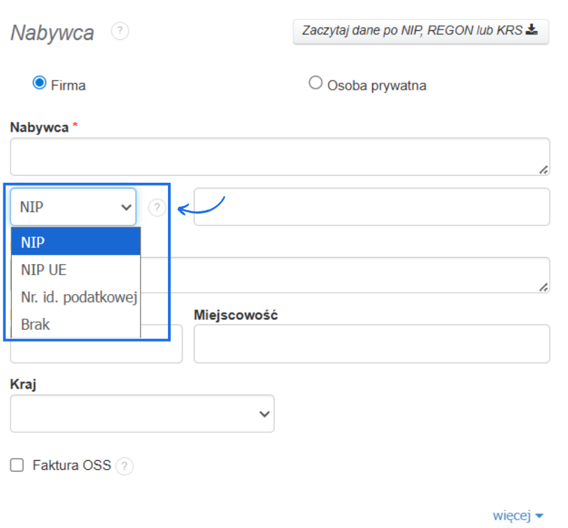 Formularz danych Nabywcy z opcją wyboru nazwy dla numeru identyfikacyjnego: NIP, NIP UE, Nr id. podatkowej.