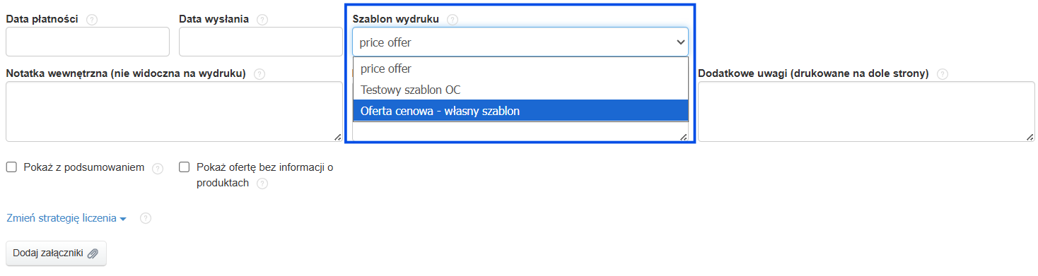 Formularz oferty cenowej z polem szablon wydruku i listą szablonów do wyboru.