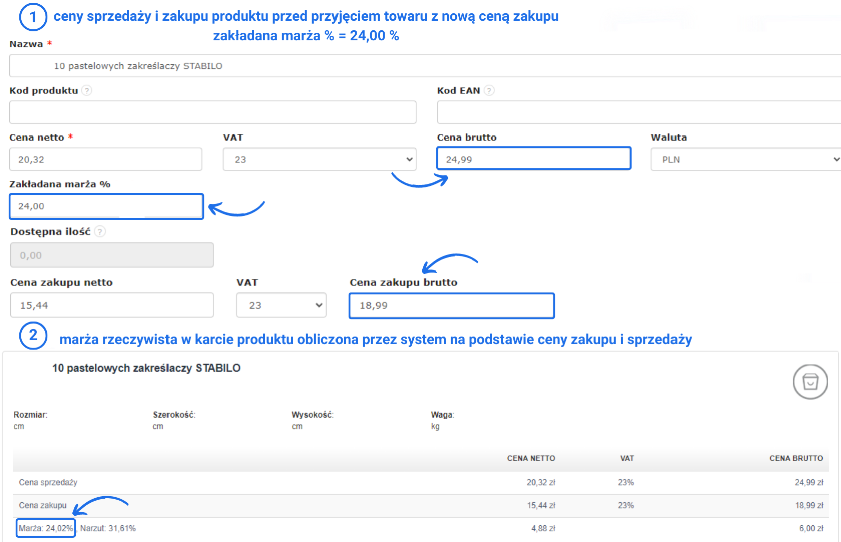 Aktualizacja ceny sprzedaży w karcie produktu na podstawie zakładanej marży w systemie magazynowym Fakturownia.