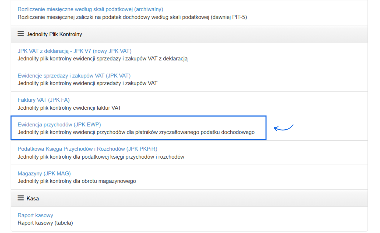 Lista raportów dostępnych w systemie Fakturownia w tym sekcja dotycząca jednolitych plików kontrolnych z aktywnym raportem ewidencji przychodów w ramach JPK EWP.