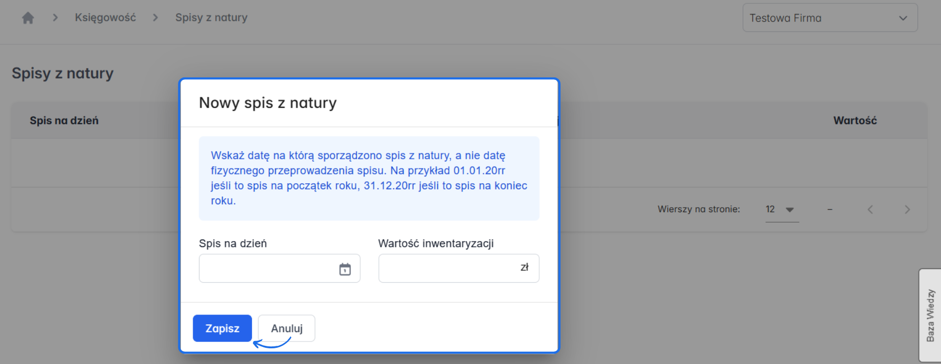 Formularz dodania wartości nowego spisu z natury na dzień z uwzględnieniem wartości.