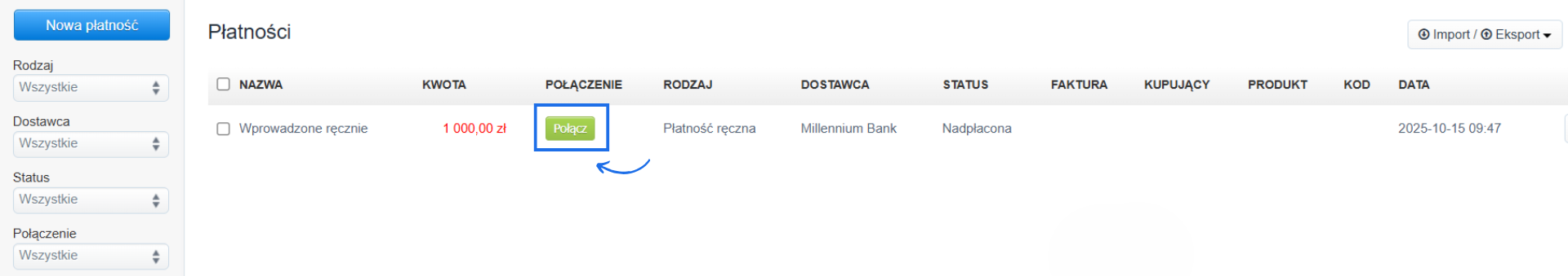 Lista płatności dodanych na koncie z podstawowymi danymi o płatności oraz przyciskiem Połącz, który pozwala połączyć płatność z fakturą.