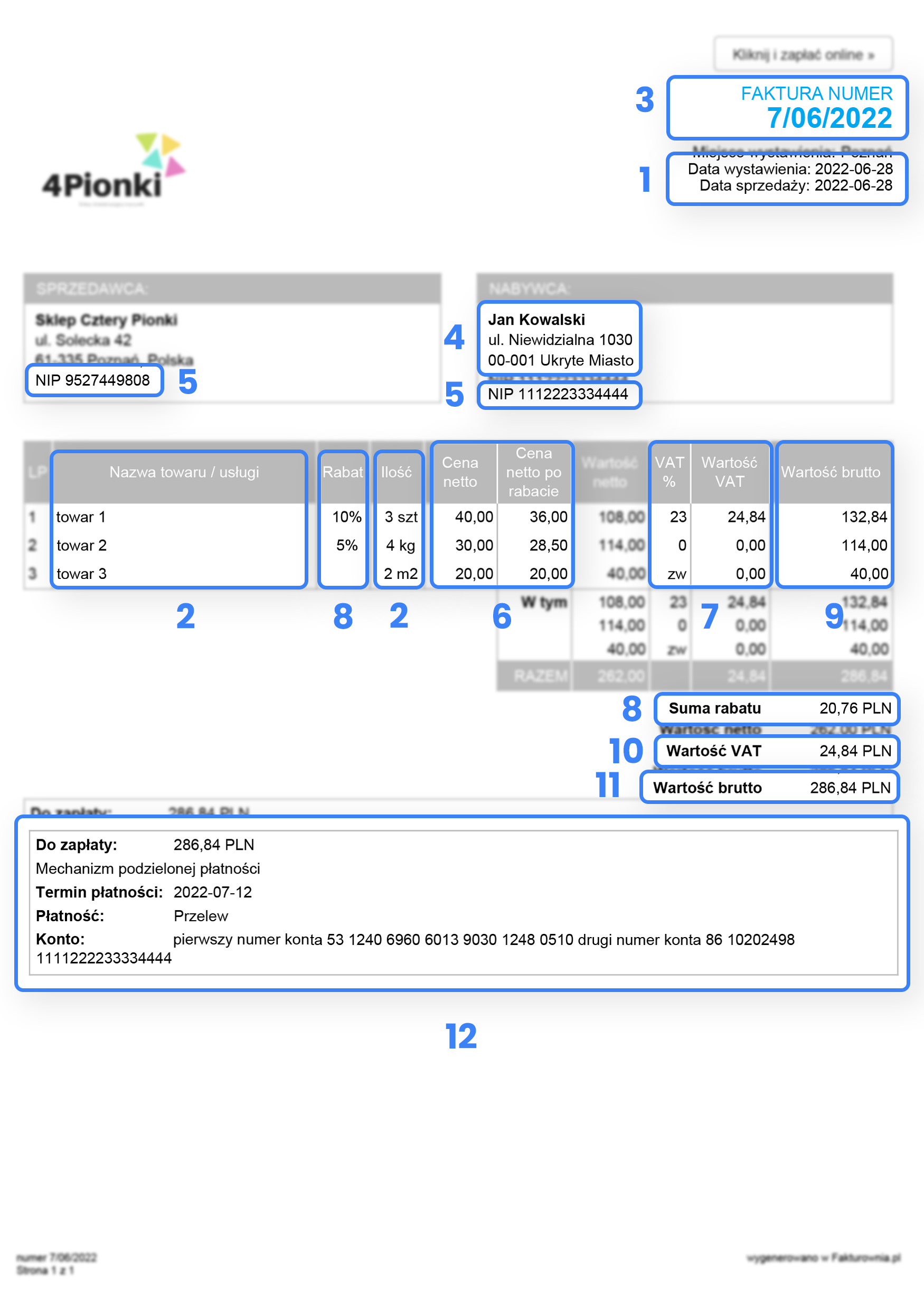 Przykładowa faktura VAT wystawiona dla przykładowego Nabywcy za sprzedaż towarów. 