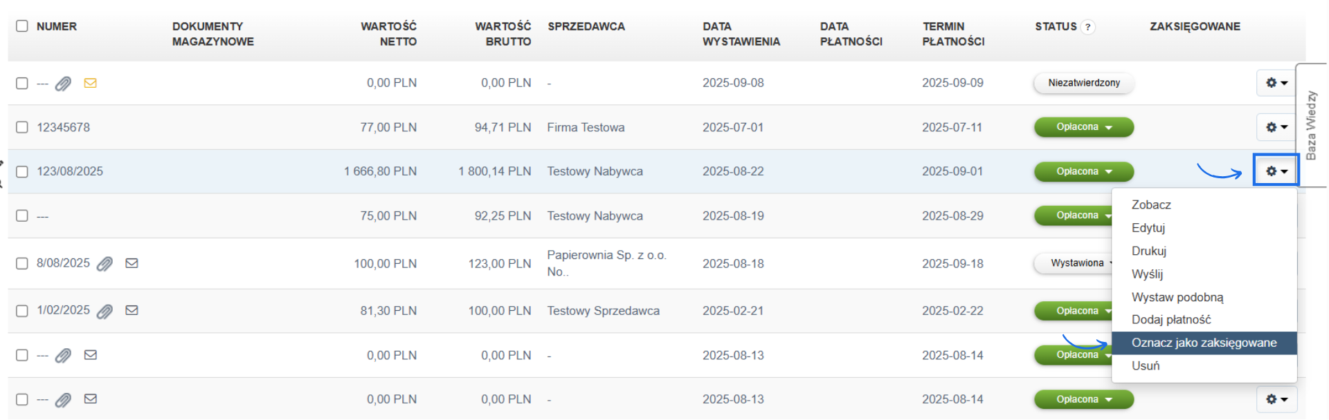 Lista faktur kosztowych w systemie do fakturowania online z dodatkowymi opcjami, w tym możliwością oznaczenia faktury jako zaksięgowanej.