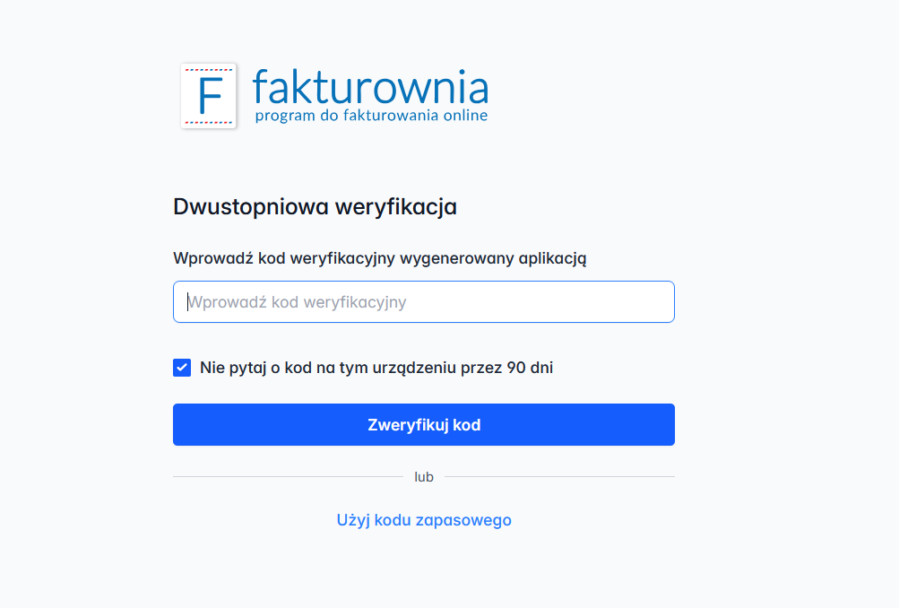 Ekran logowania dwustopniowej weryfikacji w Fakturownia z polem do wpisania kodu weryfikacyjnego otrzymanego e-mailem oraz przyciskiem 'Zweryfikuj kod'.